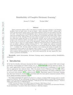 Identifiability of Complete Dictionary Learning