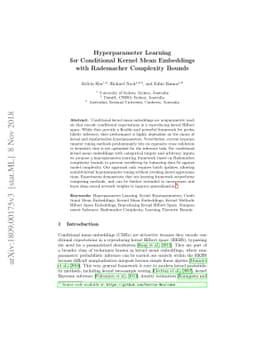 Hyperparameter Learning for Conditional Kernel Mean Embeddings with
  Rademacher Complexity Bounds