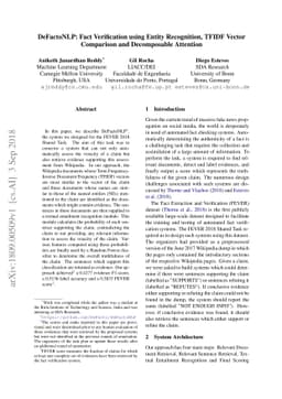 DeFactoNLP: Fact Verification using Entity Recognition, TFIDF Vector
  Comparison and Decomposable Attention