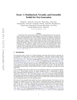 Texar: A Modularized, Versatile, and Extensible Toolkit for Text
  Generation