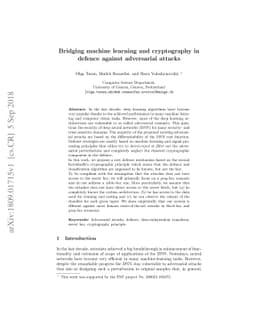 Bridging machine learning and cryptography in defence against
  adversarial attacks