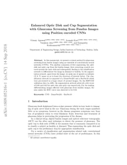 Enhanced Optic Disk and Cup Segmentation with Glaucoma Screening from
  Fundus Images using Position encoded CNNs