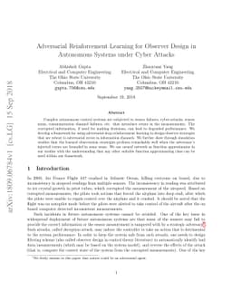 Adversarial Reinforcement Learning for Observer Design in Autonomous
  Systems under Cyber Attacks