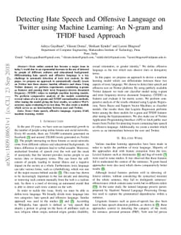 Detecting Hate Speech and Offensive Language on Twitter using Machine
  Learning: An N-gram and TFIDF based Approach
