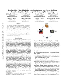 Low Precision Policy Distillation with Application to Low-Power,
  Real-time Sensation-Cognition-Action Loop with Neuromorphic Computing
