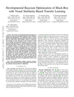 Developmental Bayesian Optimization of Black-Box with Visual
  Similarity-Based Transfer Learning