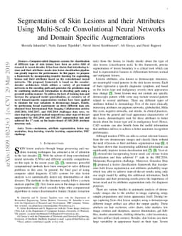 Segmentation of Skin Lesions and their Attributes Using Multi-Scale
  Convolutional Neural Networks and Domain Specific Augmentations