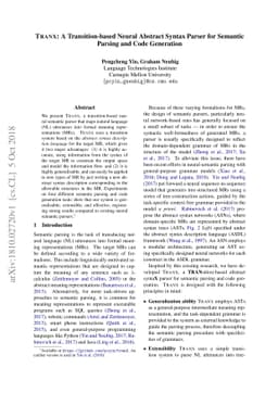 TRANX: A Transition-based Neural Abstract Syntax Parser for Semantic
  Parsing and Code Generation