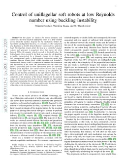 Control of uniflagellar soft robots at low Reynolds number using
  buckling instability