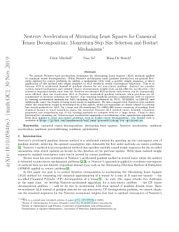 Nesterov Acceleration of Alternating Least Squares for Canonical Tensor
  Decomposition: Momentum Step Size Selection and Restart Mechanisms