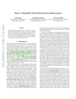 Regret vs. Bandwidth Trade-off for Recommendation Systems