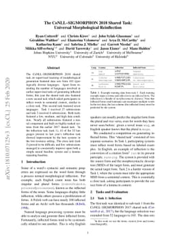 The CoNLL--SIGMORPHON 2018 Shared Task: Universal Morphological
  Reinflection