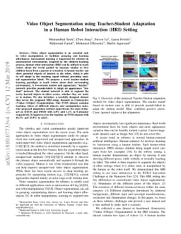 Video Object Segmentation using Teacher-Student Adaptation in a Human
  Robot Interaction (HRI) Setting