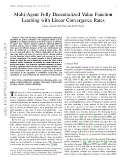 Multi-Agent Fully Decentralized Value Function Learning with Linear
  Convergence Rates
