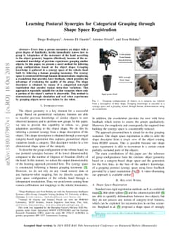 Learning Postural Synergies for Categorical Grasping through Shape Space
  Registration