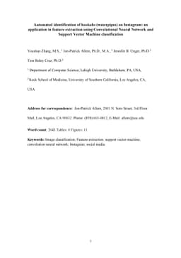 Automated identification of hookahs (waterpipes) on Instagram: an
  application in feature extraction using Convolutional Neural Network and
  Support Vector Machine classification
