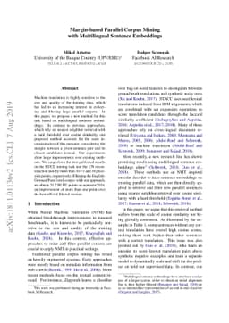 Margin-based Parallel Corpus Mining with Multilingual Sentence
  Embeddings