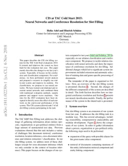 CIS at TAC Cold Start 2015: Neural Networks and Coreference Resolution
  for Slot Filling