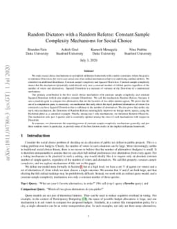 Random Dictators with a Random Referee: Constant Sample Complexity
  Mechanisms for Social Choice