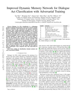 Improved Dynamic Memory Network for Dialogue Act Classification with
  Adversarial Training
