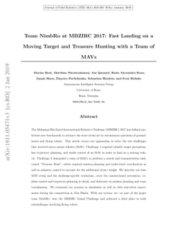 Team NimbRo at MBZIRC 2017: Fast Landing on a Moving Target and Treasure
  Hunting with a Team of MAVs