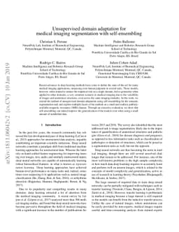 Unsupervised domain adaptation for medical imaging segmentation with
  self-ensembling