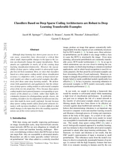 Classifiers Based on Deep Sparse Coding Architectures are Robust to Deep
  Learning Transferable Examples