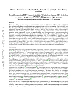 Clinical Document Classification Using Labeled and Unlabeled Data Across
  Hospitals