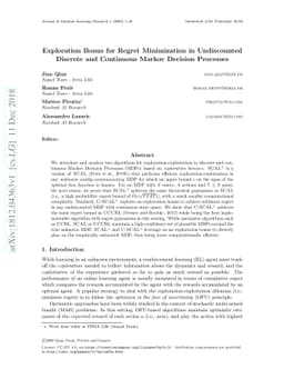 Exploration Bonus for Regret Minimization in Undiscounted Discrete and
  Continuous Markov Decision Processes