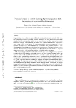 From exploration to control: learning object manipulation skills through
  novelty search and local adaptation