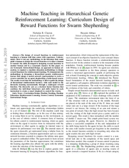Machine Teaching in Hierarchical Genetic Reinforcement Learning:
  Curriculum Design of Reward Functions for Swarm Shepherding