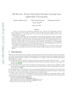 PD-ML-Lite: Private Distributed Machine Learning from Lighweight
  Cryptography