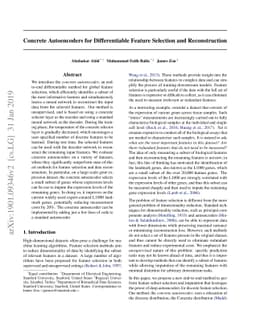 Concrete Autoencoders for Differentiable Feature Selection and
  Reconstruction