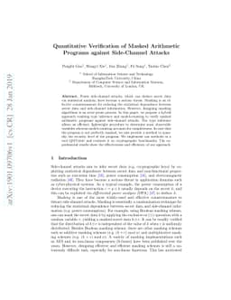 Quantitative Verification of Masked Arithmetic Programs against
  Side-Channel Attacks