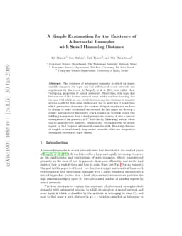 A Simple Explanation for the Existence of Adversarial Examples with
  Small Hamming Distance
