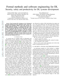 Formal methods and software engineering for DL. Security, safety and
  productivity for DL systems development