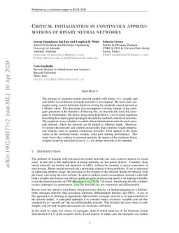 Critical initialisation in continuous approximations of binary neural
  networks
