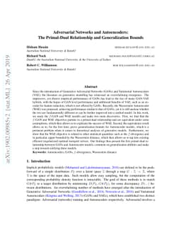 Adversarial Networks and Autoencoders: The Primal-Dual Relationship and
  Generalization Bounds