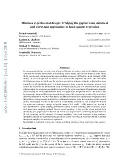 Minimax experimental design: Bridging the gap between statistical and
  worst-case approaches to least squares regression
