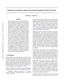 Robustness Certificates Against Adversarial Examples for ReLU Networks