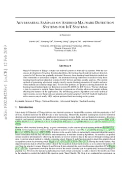 Adversarial Samples on Android Malware Detection Systems for IoT Systems