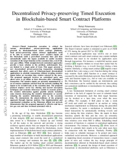 Decentralized Privacy-preserving Timed Execution in Blockchain-based
  Smart Contract Platforms
