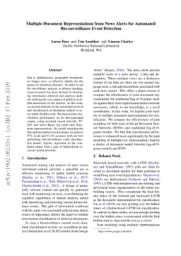 Multiple Document Representations from News Alerts for Automated
  Bio-surveillance Event Detection