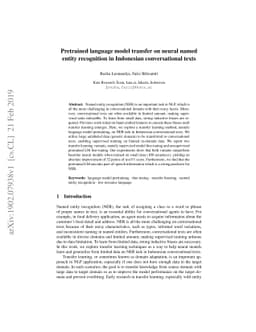 Pretrained language model transfer on neural named entity recognition in
  Indonesian conversational texts