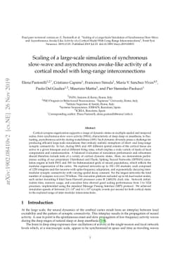 Scaling of a large-scale simulation of synchronous slow-wave and
  asynchronous awake-like activity of a cortical model with long-range
  interconnections