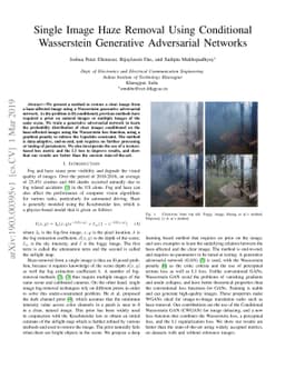 Single Image Haze Removal Using Conditional Wasserstein Generative
  Adversarial Networks
