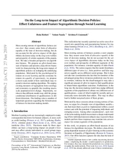 On the Long-term Impact of Algorithmic Decision Policies: Effort
  Unfairness and Feature Segregation through Social Learning