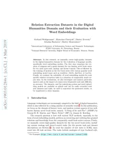 Relation Extraction Datasets in the Digital Humanities Domain and their
  Evaluation with Word Embeddings