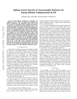 Spiking Neural Network on Neuromorphic Hardware for Energy-Efficient
  Unidimensional SLAM