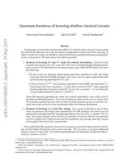 Quantum hardness of learning shallow classical circuits